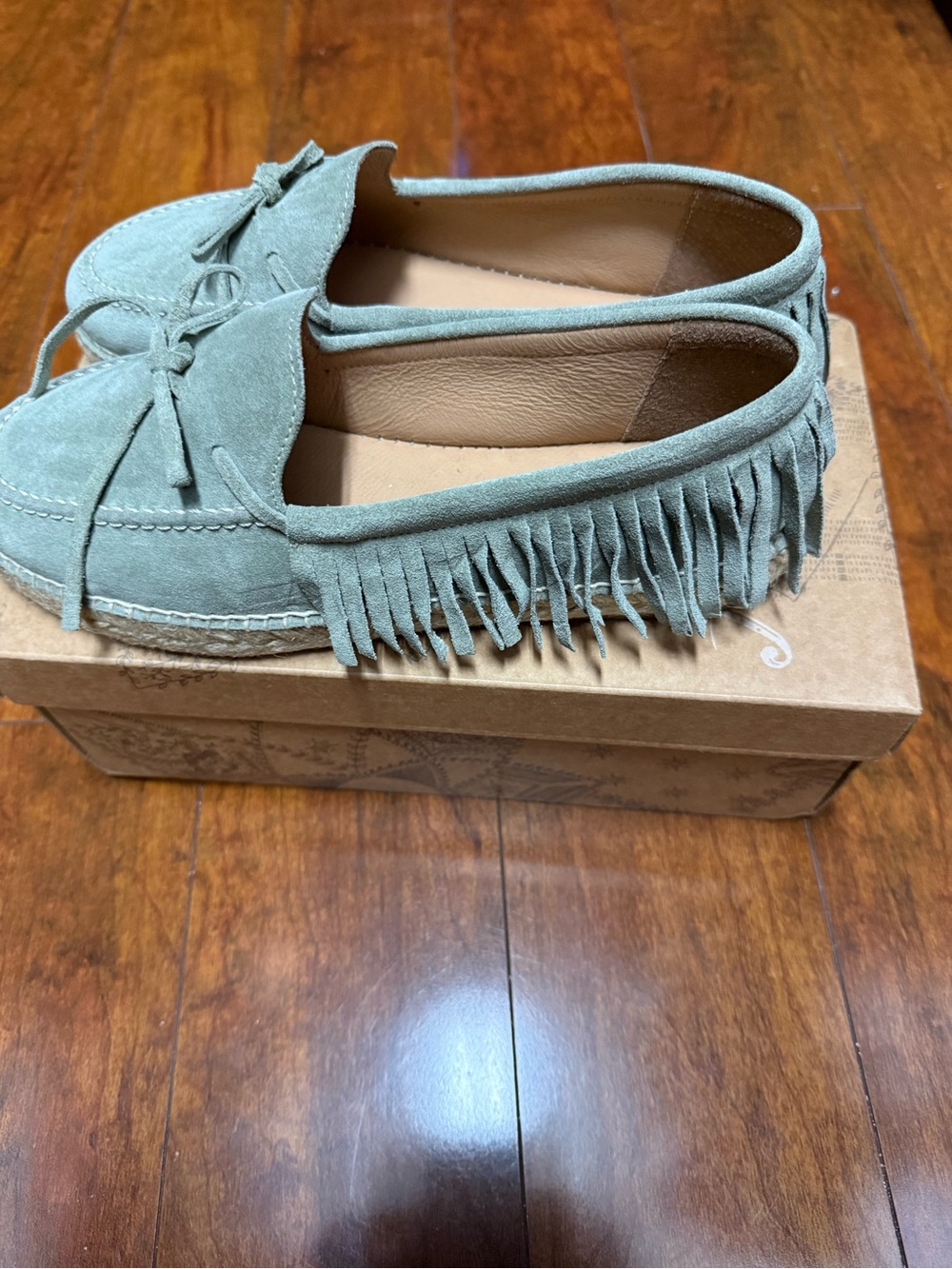 Free People Fringe Suede Moccasin Loafers - Sage Green